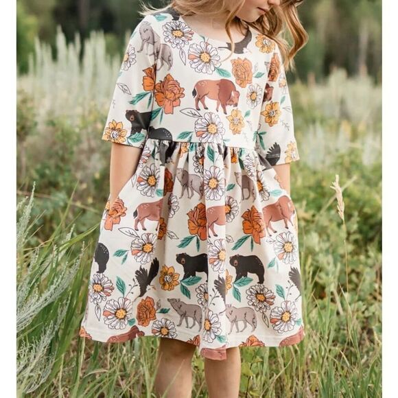 Little Gosling Animal & Floral Print Long Sleeve Fit & Flare Toddler's Dress 2T - Picture 1 of 11
